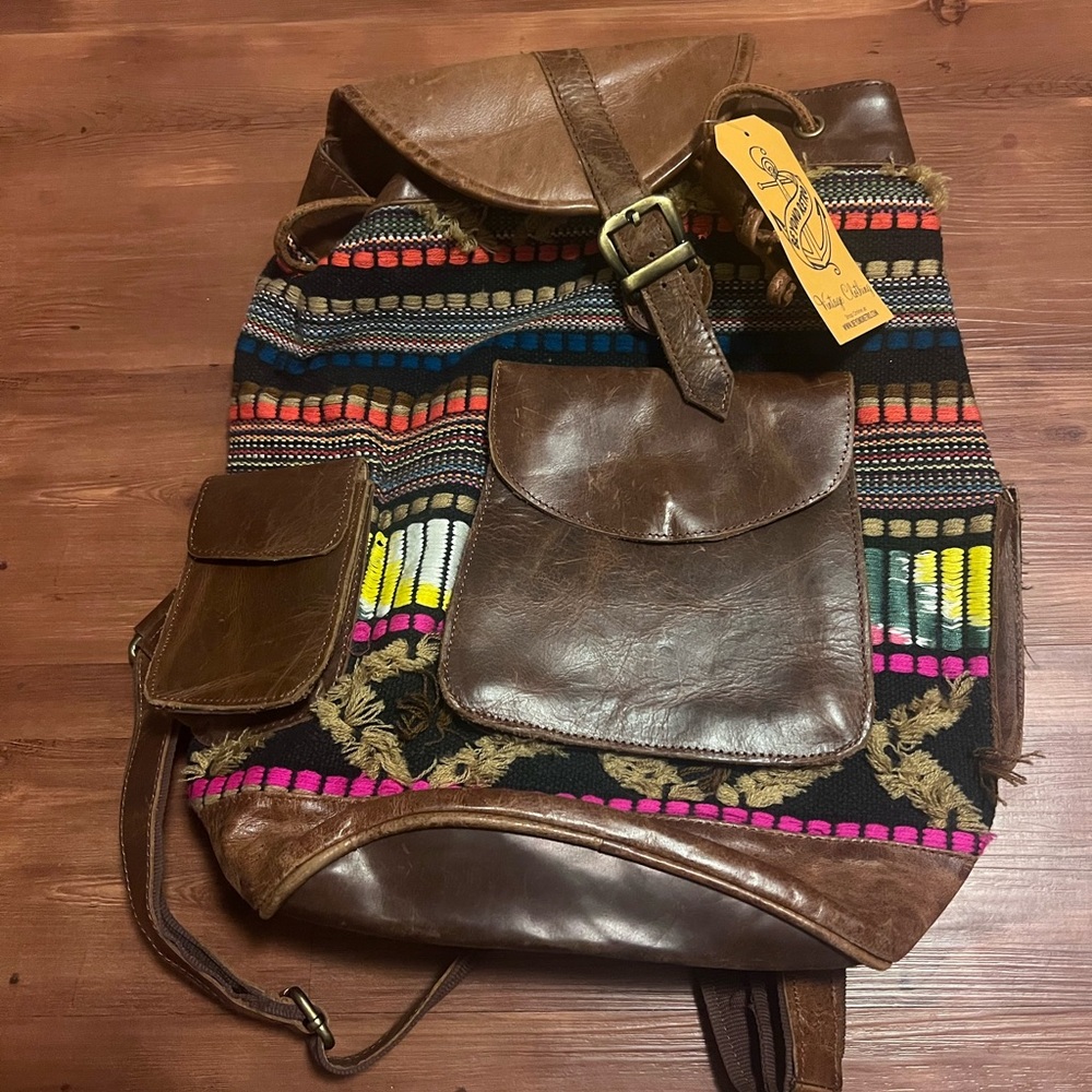 Boho Festival Brown Leather and Multicolor Patterned Backpack